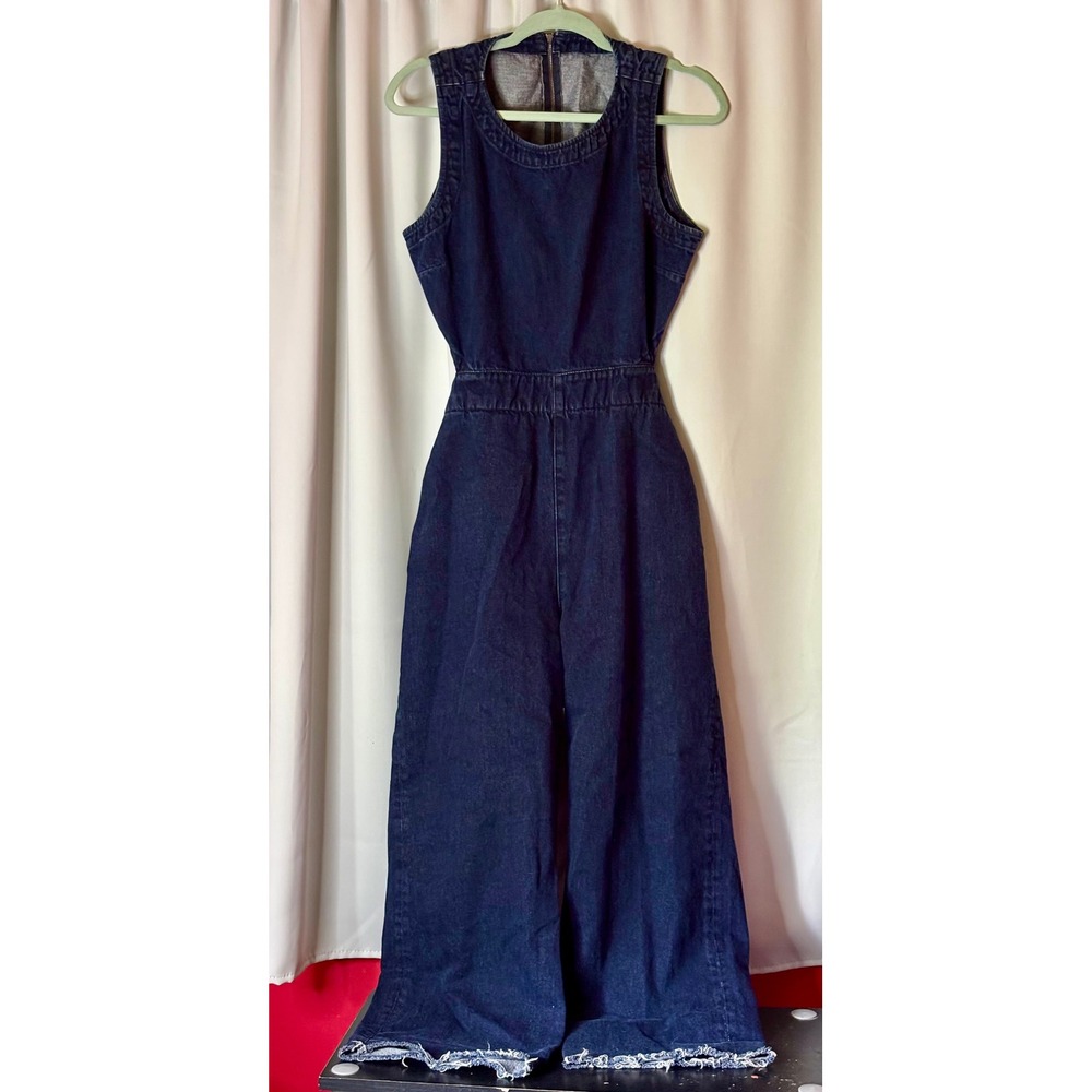 ASOS Denim Jumpsuit Dark Wash Open Back Wide Leg Frayed Hem Womens UK 16 US 12